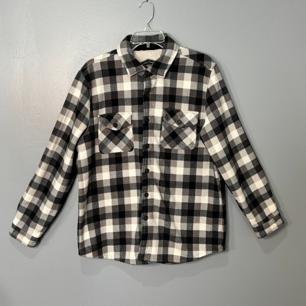 Freedom Foundry Shirt Jacket Mens XL Gray Buffalo Plaid Fleece Sherpa Lined Work